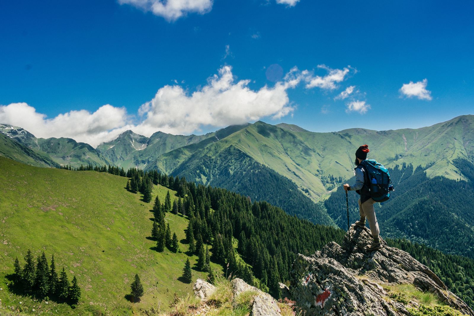 Hiker overlooking green mountains